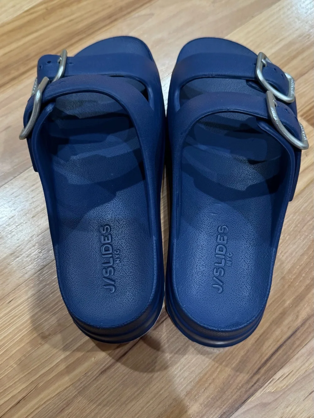 J/SLIDES Navy Double-Buckle Slide Sandals